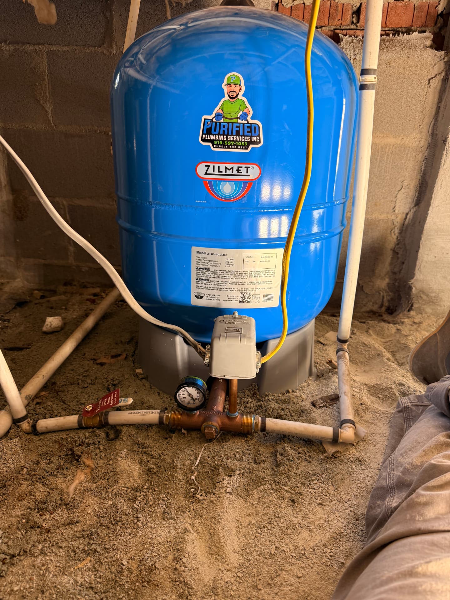 New Zilmet well pressure tank installed in a crawlspace