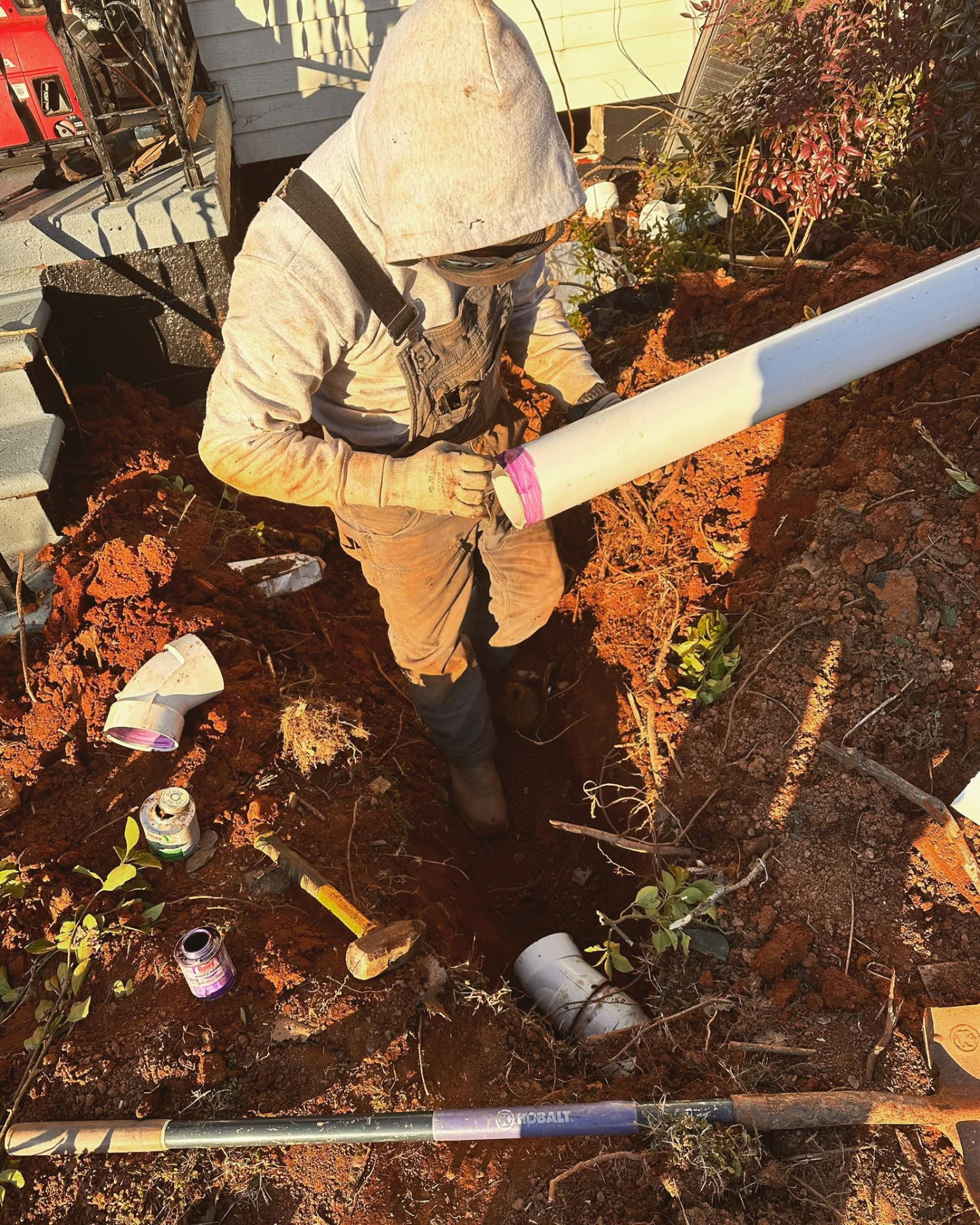 Sewer repair, pipe exposed and ready